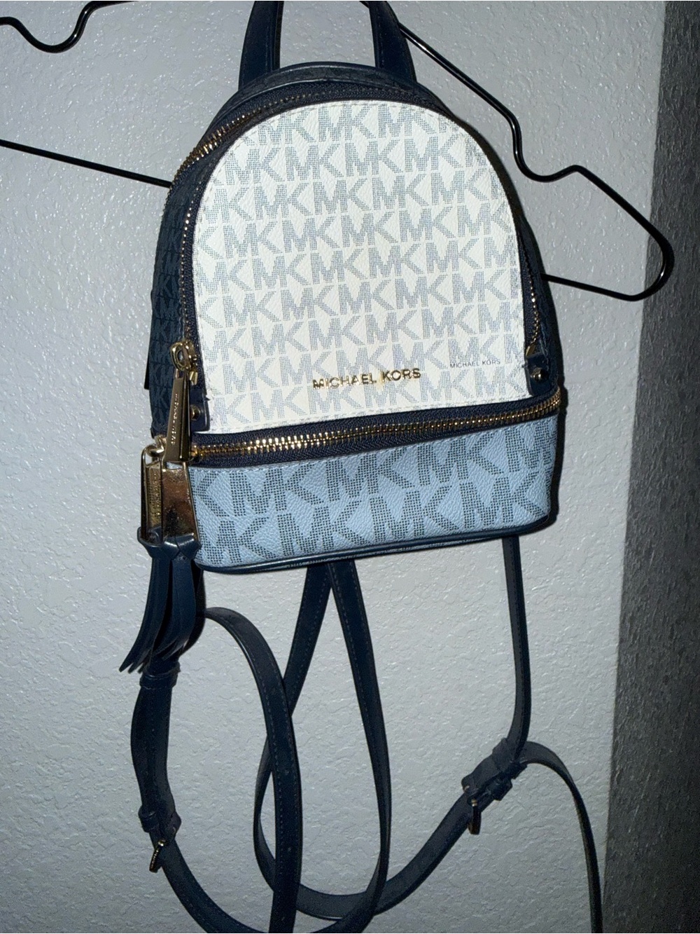 Michael Kors White and Light Blue MK Logo Mini Backpack